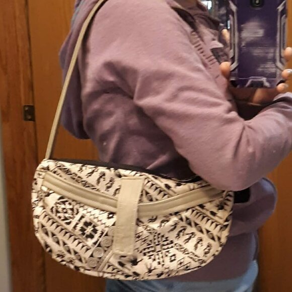 New Southwestern ethnic print Kokopelli Purse Tan Black Vinyl trim shoulder bag - Picture 7 of 9